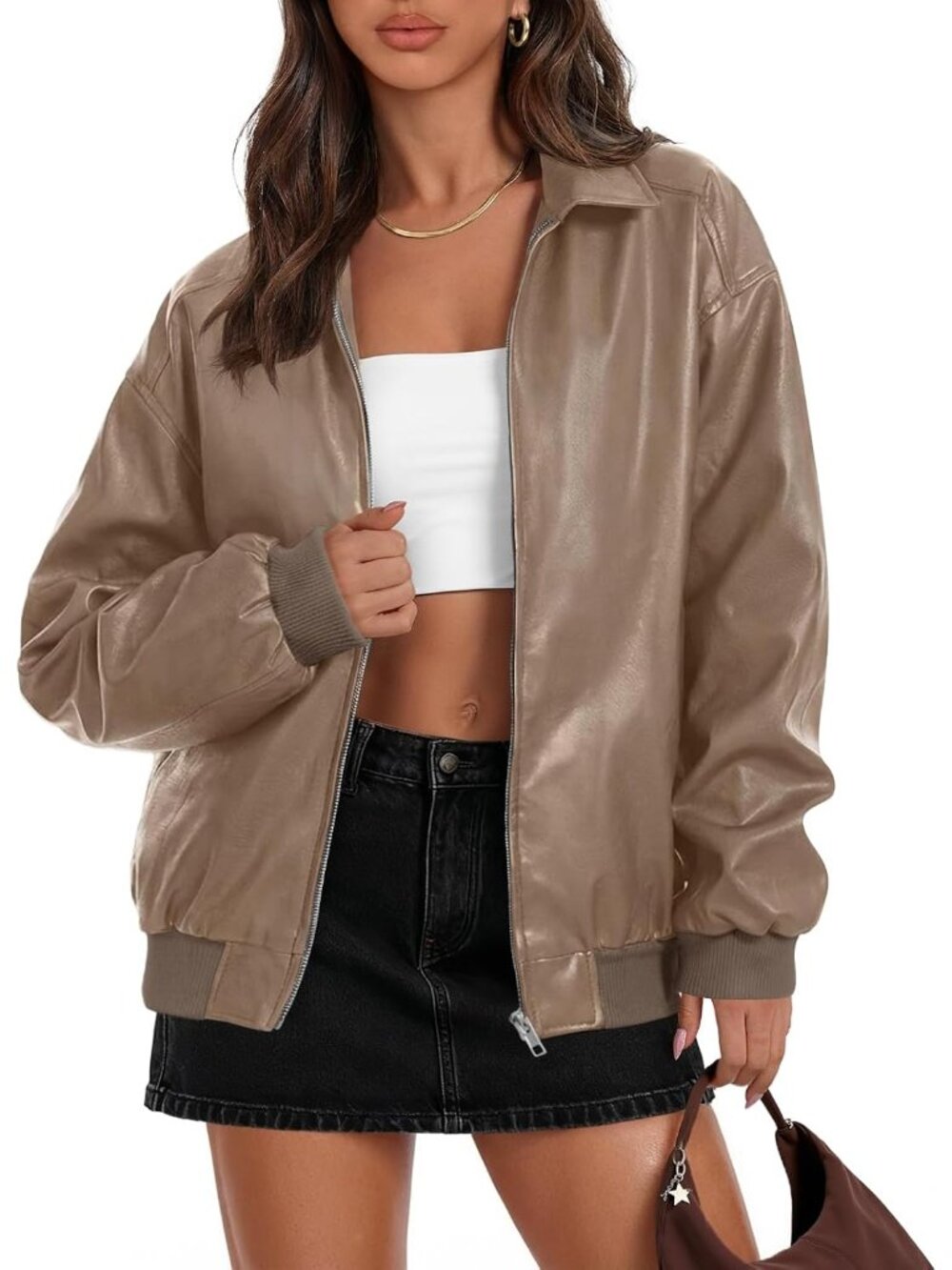 Women's Khaki Fall Winter Oversized Faux Leather Bomber Jacket Coat Long Sleeve